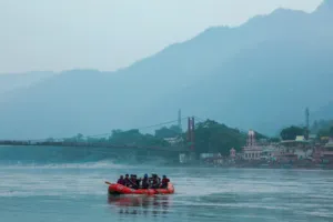 A group river rafting on the Ganga