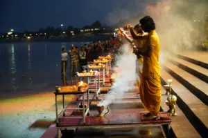 Evening Ganga aarti in Rishikesh with fire lamps