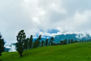 Green forested hillside and clouds near Tungnath in the monsoon