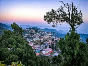 Mussoorie hill station seen from Gun Hill, surrounded by mountains